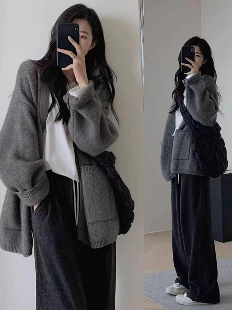 Women's Mid-Length 100% Wool Thick Cardigan - Elegant, Versatile, Loose Fit Cashmere Knitwear