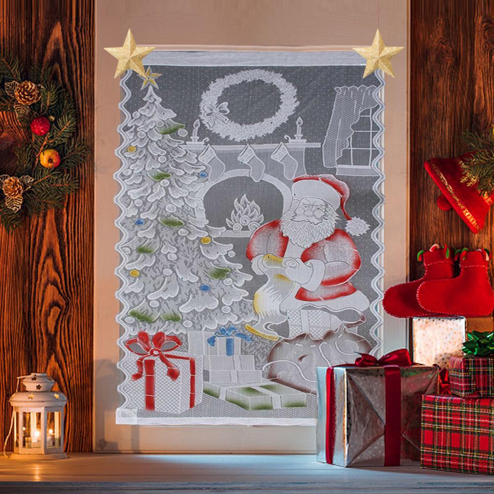 Christmas Lace Curtains LED Light Santa Claus Half Blackout Curtains Living Room Bedroom Home Decor