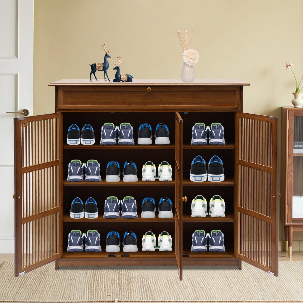 3-Tier Bamboo Shoe Cabinet W/ Shutter Doors & 1 Drawer - Holds 25 Pairs, Modern Wooden Shoe Rack Organizer for Entryway, Hallway