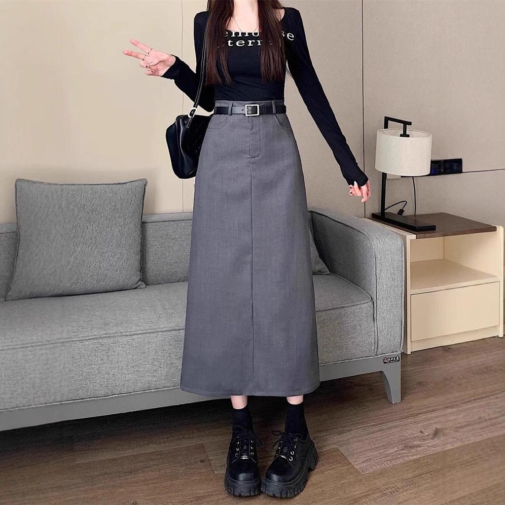 Plus Size Grey Casual Suit with High Waist Slimming Straight Midi Skirt, Versatile Long A-line Skirt for Women 2024