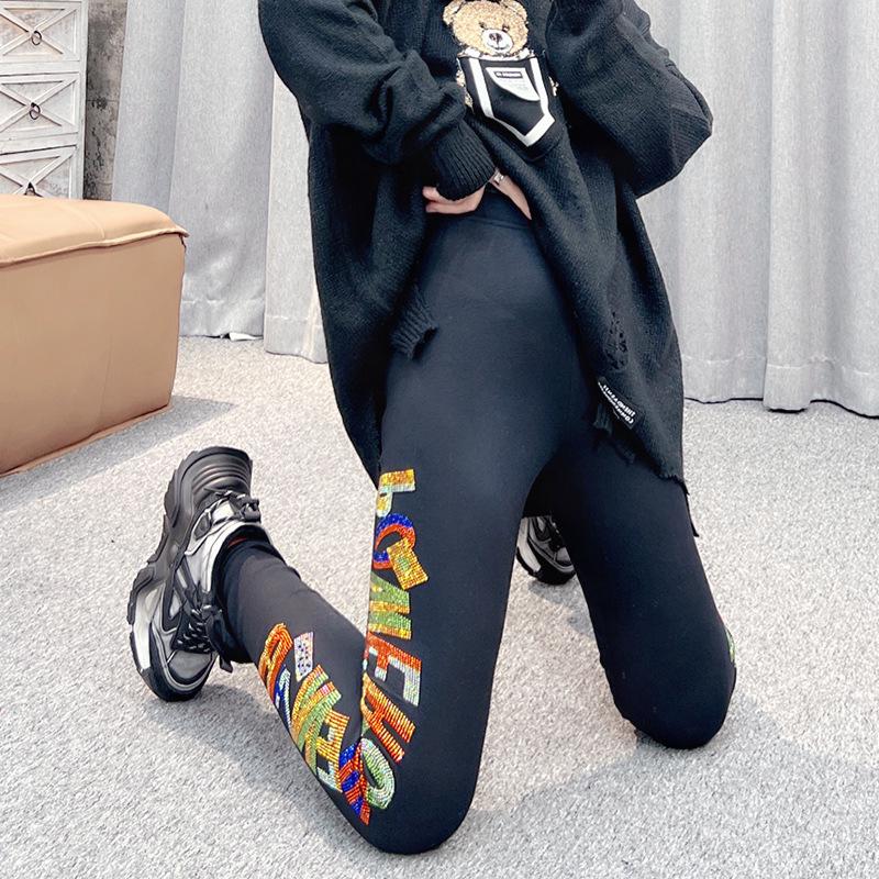 2025 Rhinestone Letter Elastic Cropped Pants - Trendy Spring/Autumn Women's Leggings