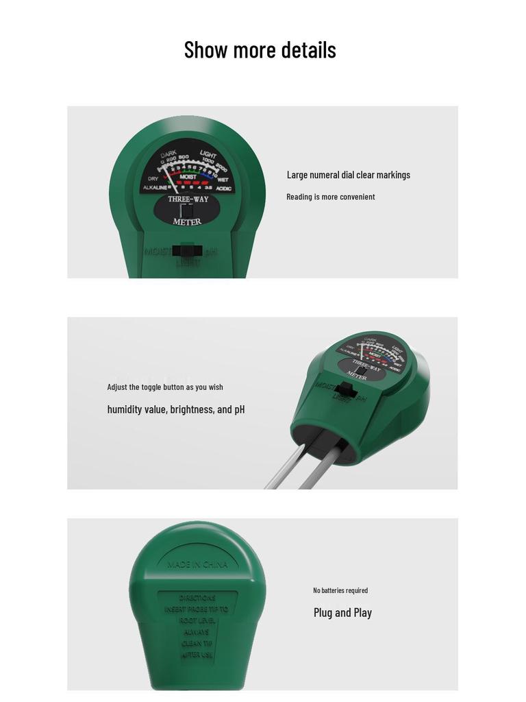 3-in-1 Cross-border Soil Tester: Moisture, pH, and Light Meter with Pointer Display