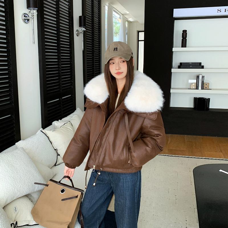 New imitation leather velvet big fur collar padded jacket women's short temperament loose pu cotton coat winter cotton coat