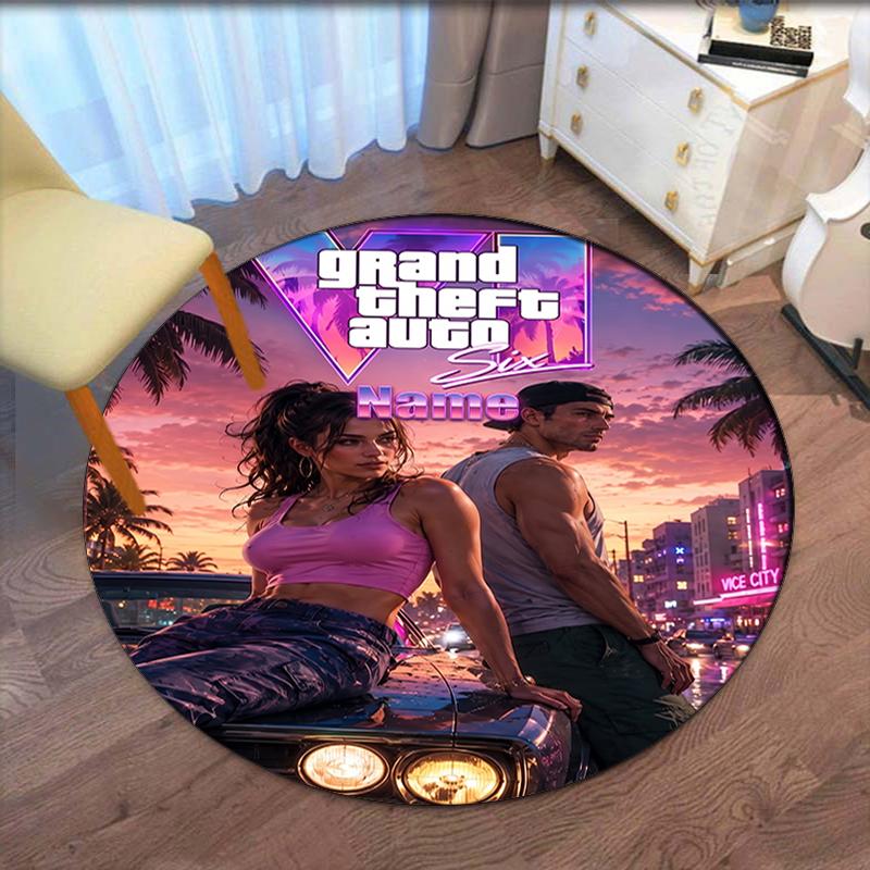 Custom Name GTA 6 Printed Round Rug Carpet Chair Rug Area Rug Entryway Doormats,for Office Chair Living Room Bedroom Kitchen Room.