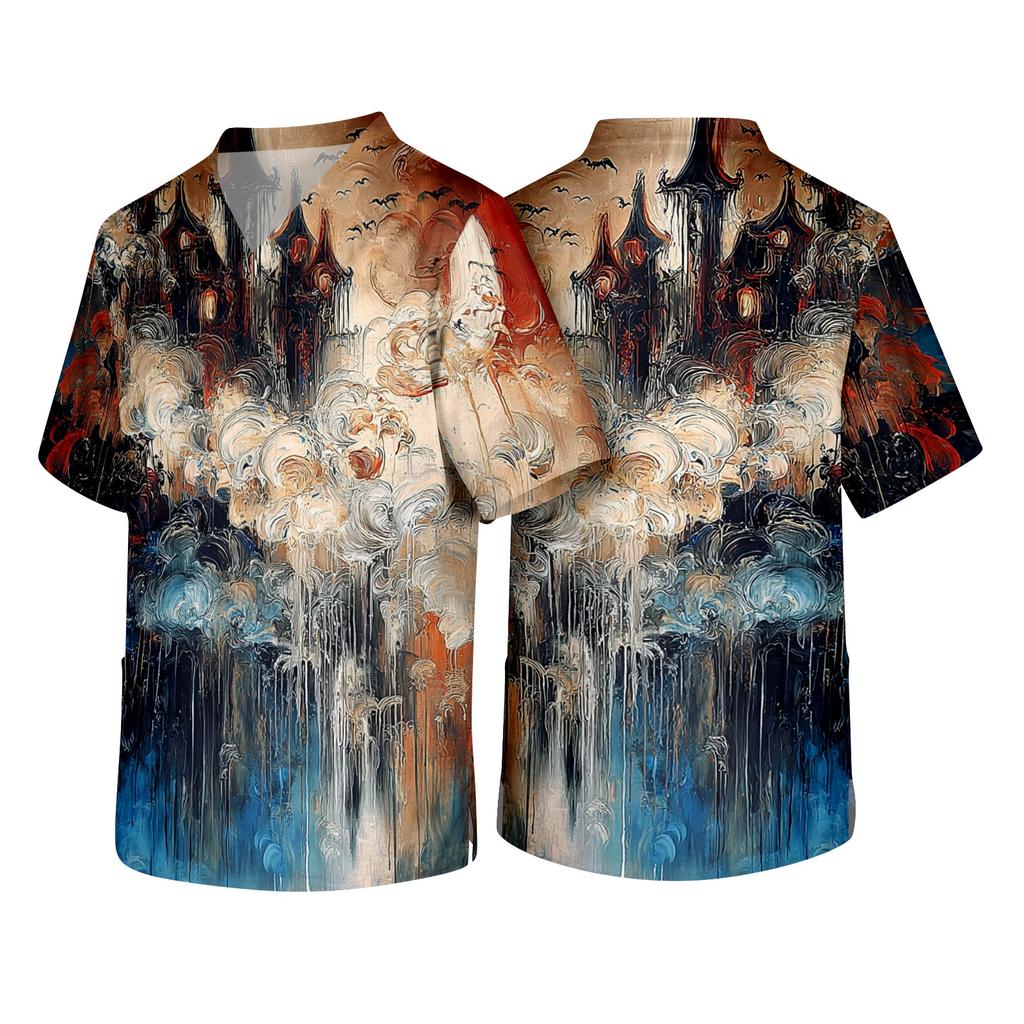 Men Short Sleeve V Neck Halloween Print Chest Pocket Scrub Top Comfortable Fit Durable Material Fun Design