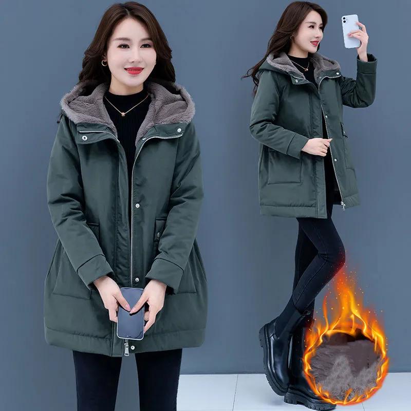 Women's Autumn Winter Velvet Thick Warm Jacket Loose Cotton Hooded Solid Color Casual Female Parkas Outwear