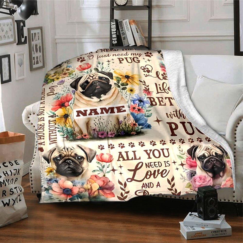 Adorable Pug Design Home Customize Your Name Blankets Soft And Cozy For All Seasons Perfect For Picnics Sofa Office Bed Living Room Ideal Gift For