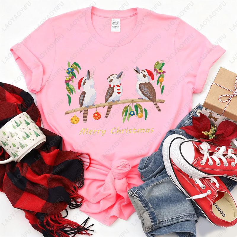 Womens Australian Kookaburra Bird Print TShirt Merry Christmas Australian Theme Tops Casual Blouse for Christmas Party Outfits