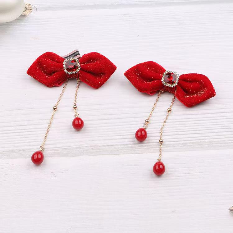 Children's Red Bow Hair Clip - Festive Spring Festival Hanfu Headwear