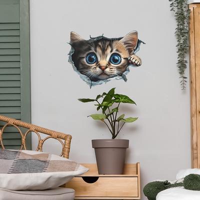 3D visueller Effekt von durchbrochenen Wänden, niedliche kleine Katze, Schlafzimmer, Wohnzimmer, Eingangshalle, Heimhintergrund, Verschönerung, Wandaufkleber