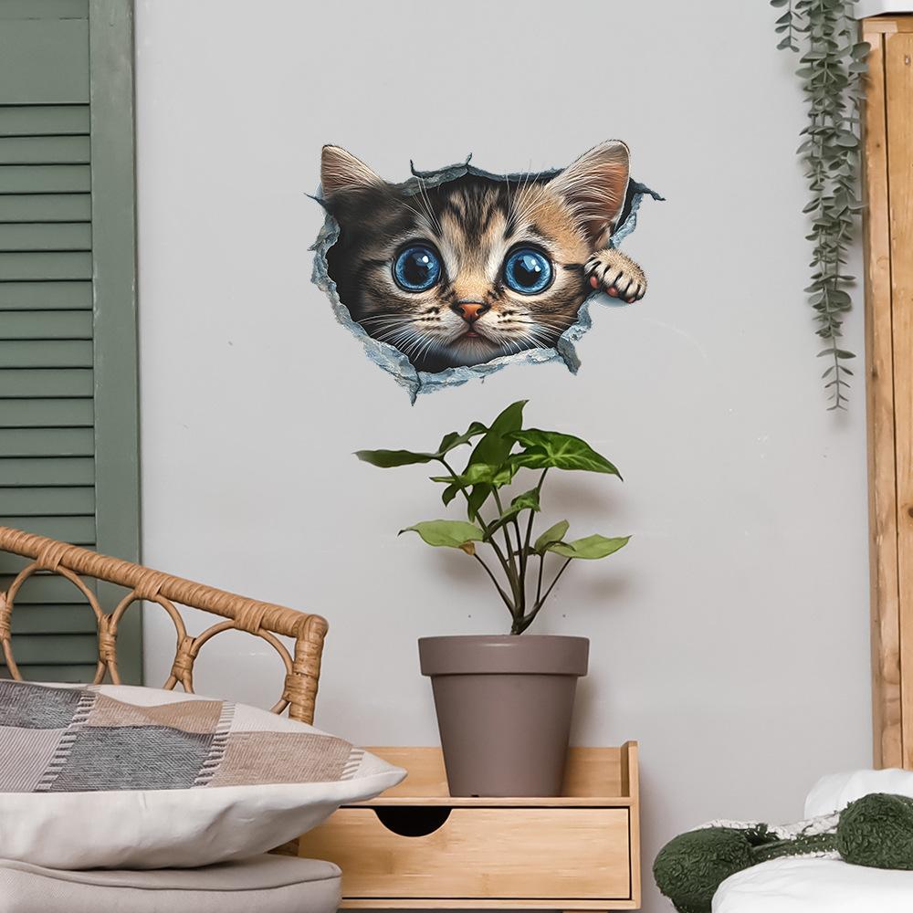 3D Visual Effect of Broken Walls Cute Little Cat Bedroom Living Room Entrance Hall Home Background Beautification Wall Stickers