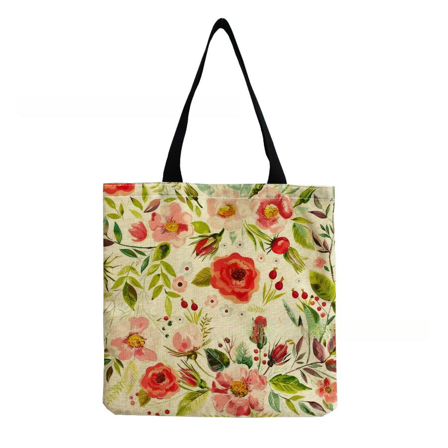 Damen Vintage Leinen-Tragetasche - Große Kapazität Blumenmuster Schulter-Handtasche für Freizeit & Lebensmitteleinkauf KTB