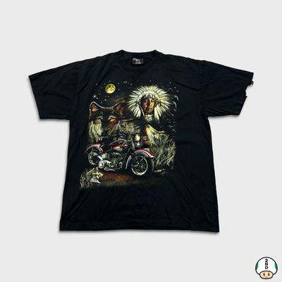 Vintage Y2K Native T-Shirt Herren XL Schwarz Motorrad Wolf Grafik Natur T-Shirt