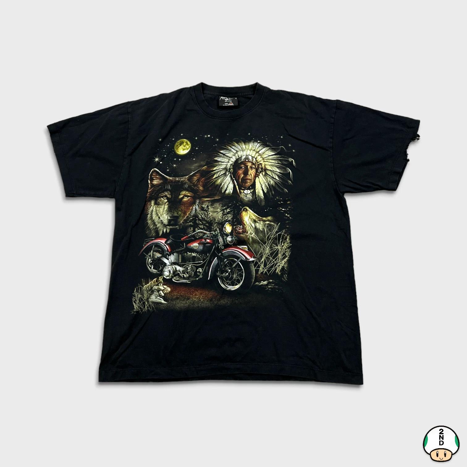

Vintage Y2K Native T Shirt Mens XL Black Motorcycle Wolf Graphic Nature Tee S
