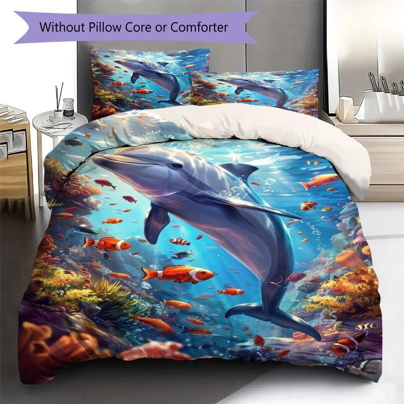 Ocean Dolphin Coral Tropical Fish Underwater Print Duvet Cover Set 3Pcs Marine Animal Bedding Bedroom Home Decor Without Pillow Core Comforter