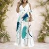 Plus Size Women V Neck Cold Shoulder Tie Cuff Short Sleeve Printed A Line Maxi Dress