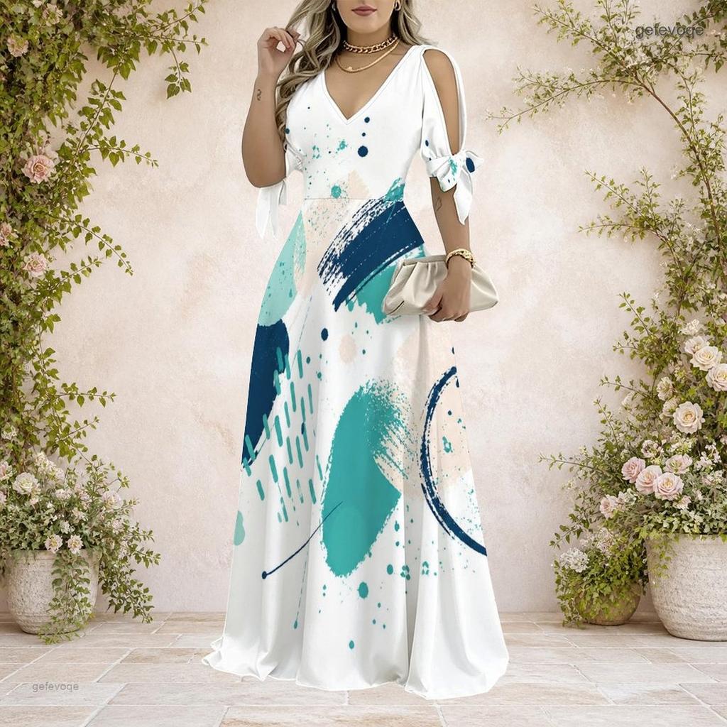 Plus Size Women V Neck Cold Shoulder Tie Cuff Short Sleeve Printed A Line Maxi Dress
