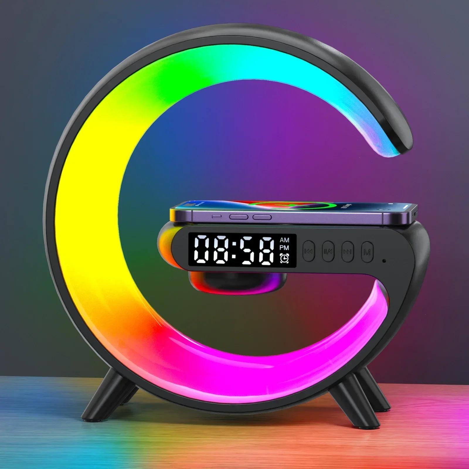 

Многофункциональная беспроводная зарядная подставка-пад с RGB-подсветкой, будильником и динамиком для iPhone, Samsung, Xiaomi, мини-док-станция для быстрой зарядки чёрный