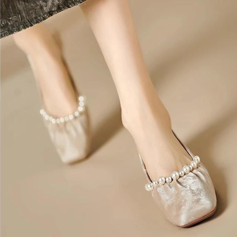Women's Single Shoes Summer New Low Heel Square Head Beaded Dance Shoes Casual Fashion Light Soft Soled Oxford Shoes