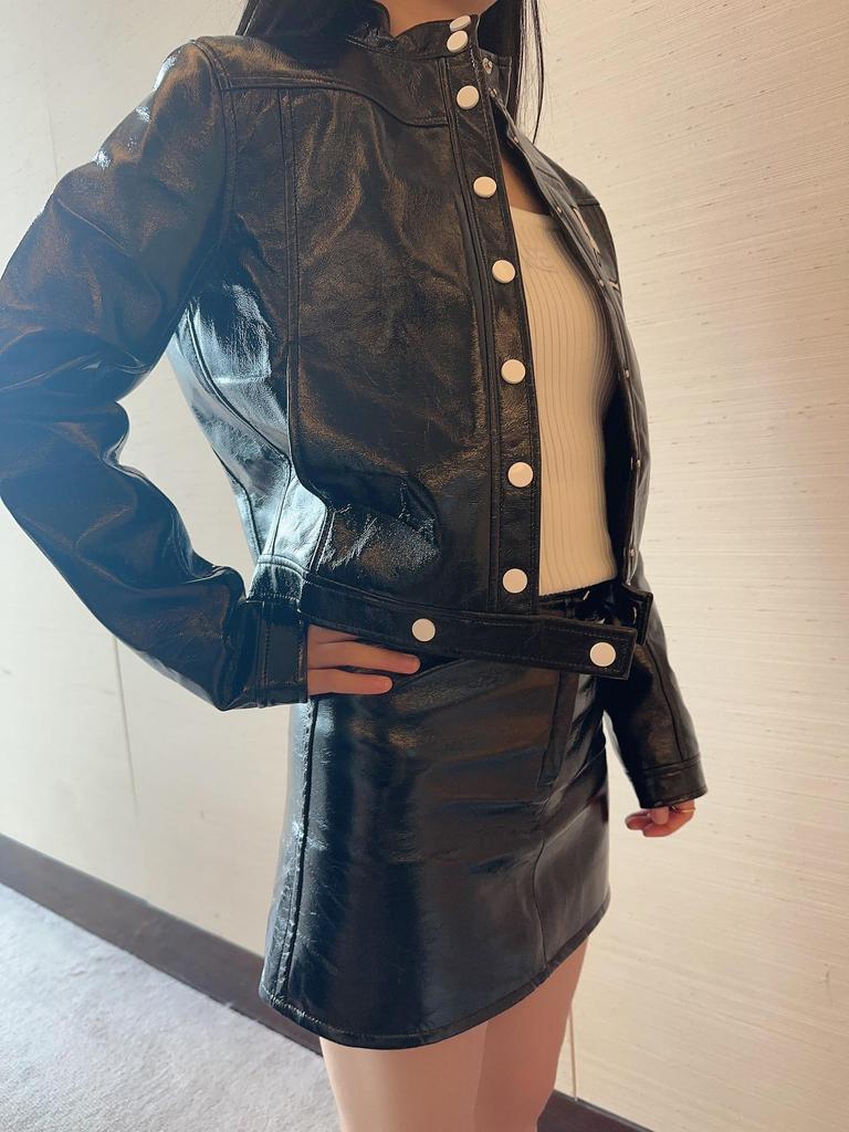 Two-Tone Stand Collar Patent Leather Jacket - Black & Blue