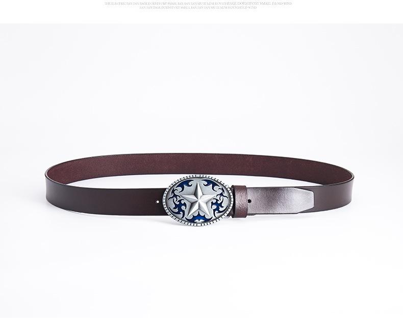 Pentagram Men's Cowhide Belt - Retro Smooth Buckle, Wide 130cm Decorative Trouser Belt