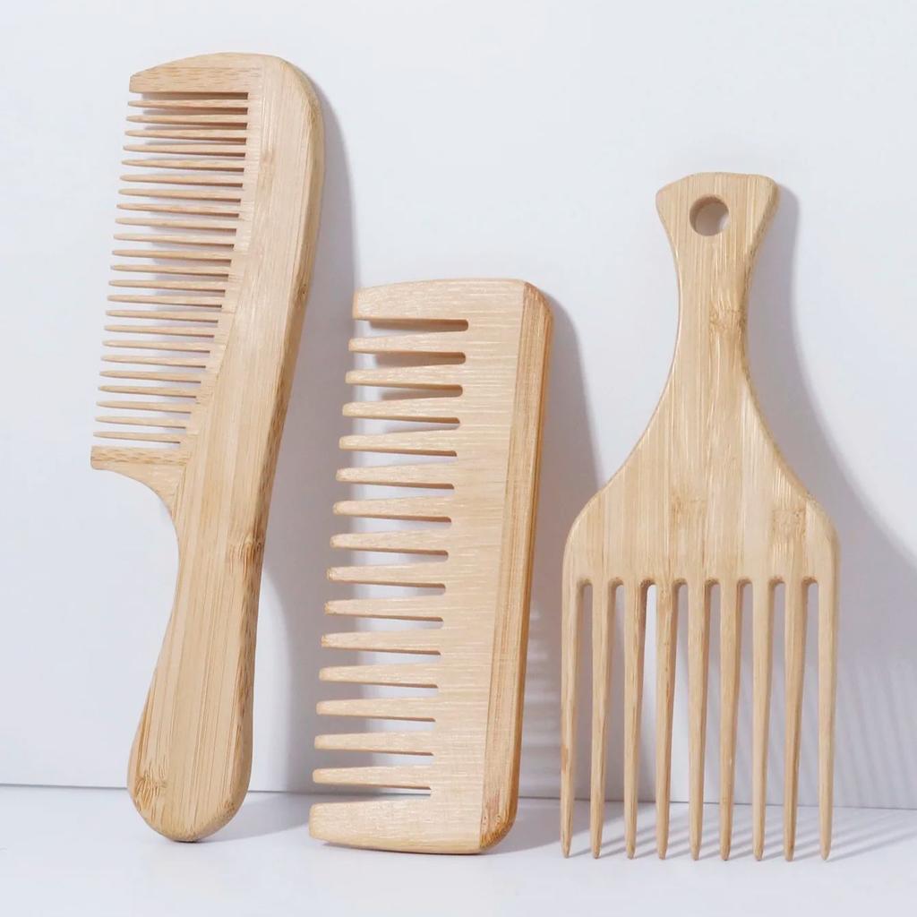 3pcs Natural Handmade Bamboo Anti Static Combs Set with Wide Tooth, African Combs,Special for Real Hair Wigs