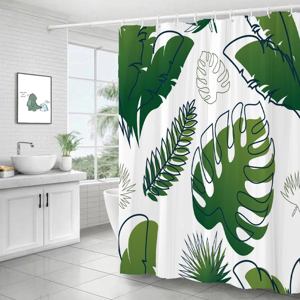 Green Leaf Plant Simple Nordic Printing Bathroom Shower Curtain Polyester Waterproof Home Decoration Curtain with 12 Hooks