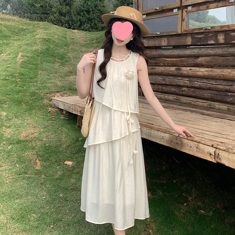 Women's 2025 Summer French Sleeveless Vest Cake Dress - Petite Holiday A-line Skirt, Loose Fit