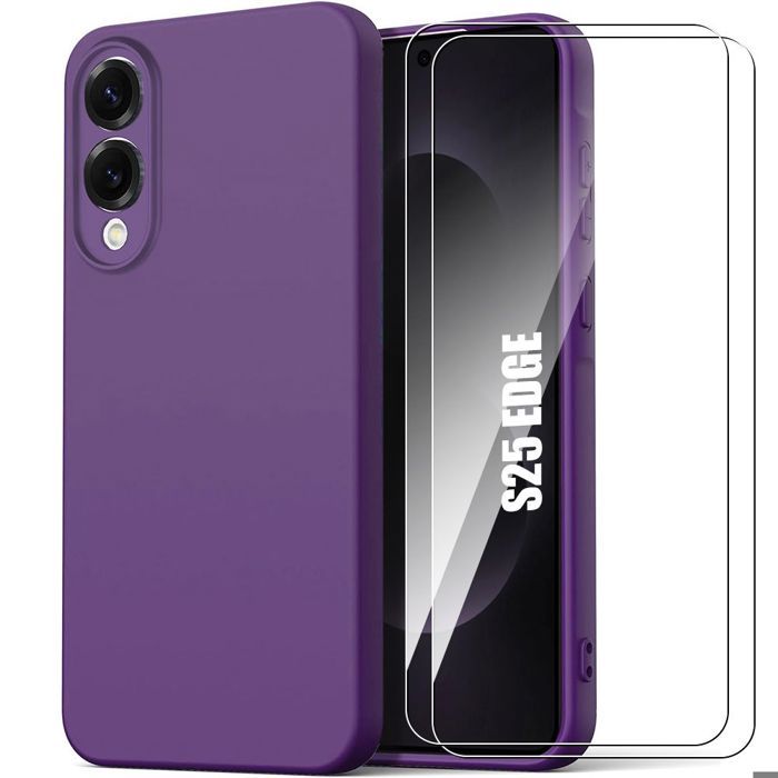 Protective Case - BOOLING - for Samsung Galaxy S25 Edge - Liquid Silicone - Ultra Slim - Dark Purple - with 2 Tempered Glasses
