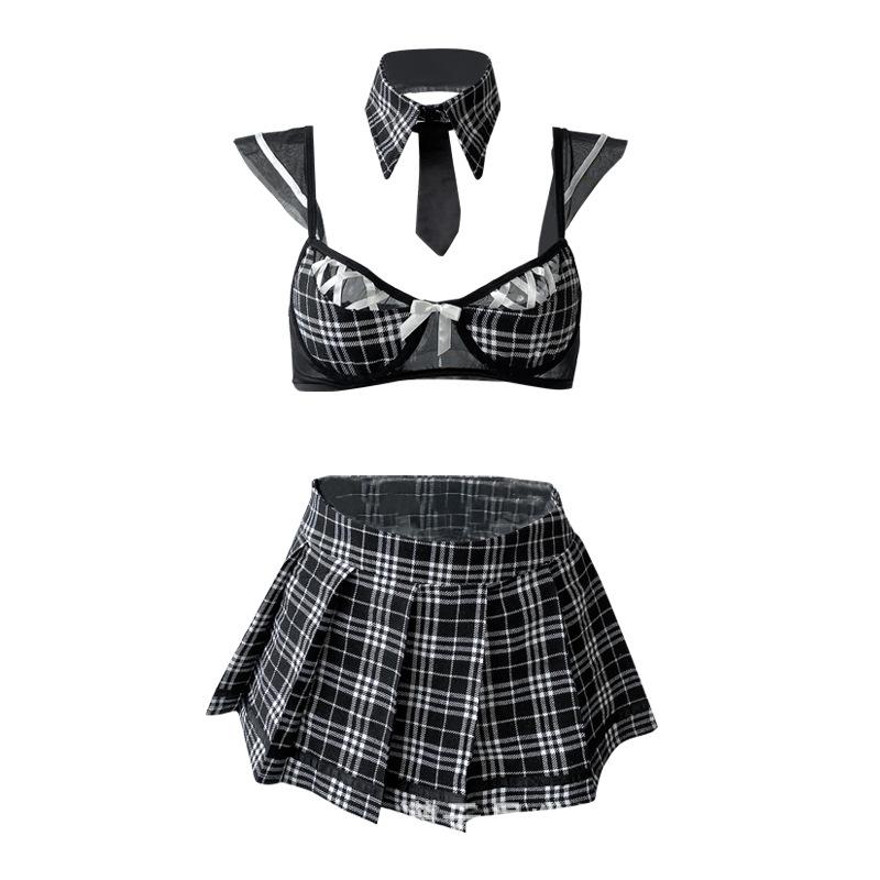 Sex underwear sexy hollow pure desire three-point temptation plaid student uniform suit -