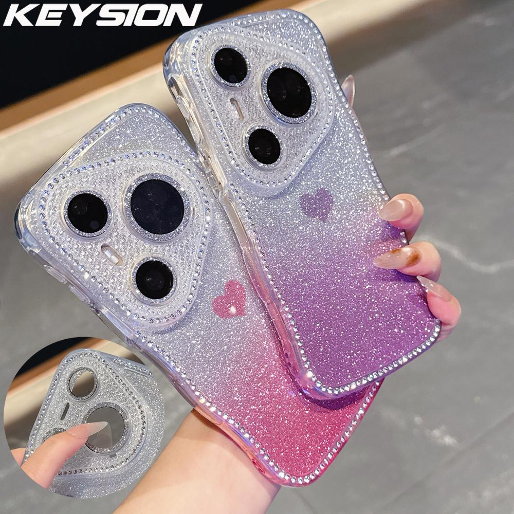KEYSION Gradient Love Heart Wavy Phone Case for Huawei Pura 70 80 Pro 80 70 Ultra Glitter Jewelled Lens Protector Shockproof Cover