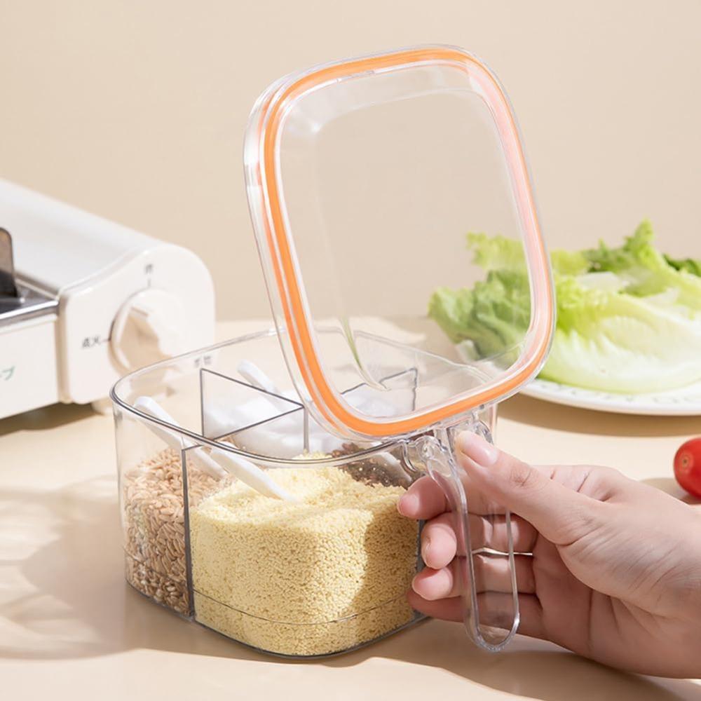1PC Clear Plastic 4 Compartments Seasoning Box with Spoon and Lid Home Kitchen Condiment Jar Spice Container Spice Salt Canister
