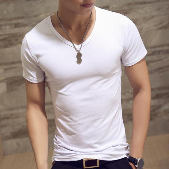 V-Neck Short Sleeve Thin Men T-shirt Summer Solid Color Slim Fit Tee Top Streetwear