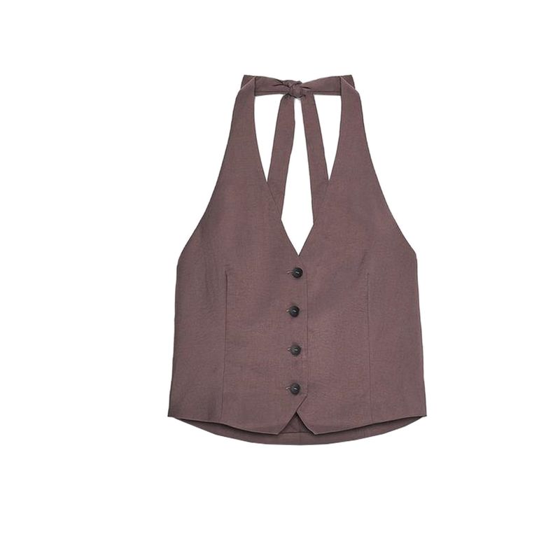 

Hanging Collar Bowknot Decoration Vest 2010809 Vertical Fabric Mid Waist Wide Leg Casual Trousers 8338504 Eggplant purple Tops M