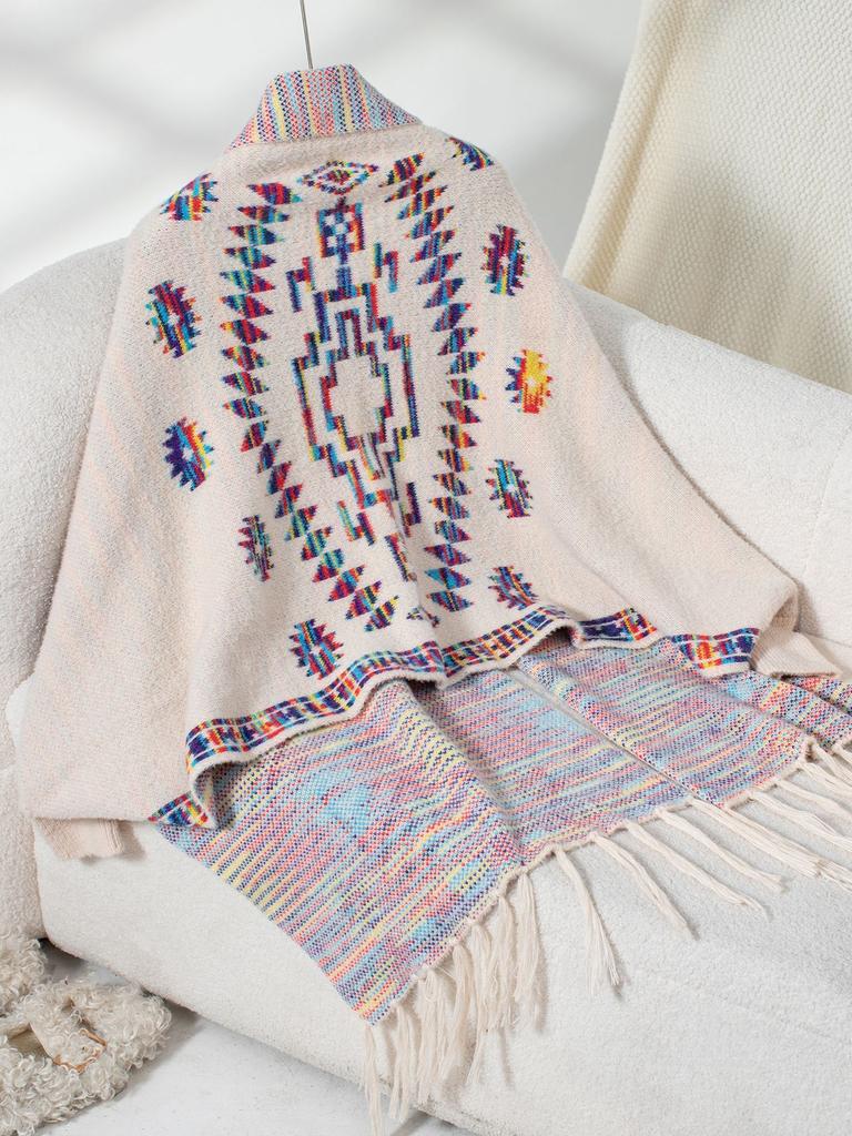 Women's Autumn and Winter Large Size Pop Jacquard Geometric Knitted Cardigan Loose Bat Sleeve Cloak Sweater Tassel Shawl