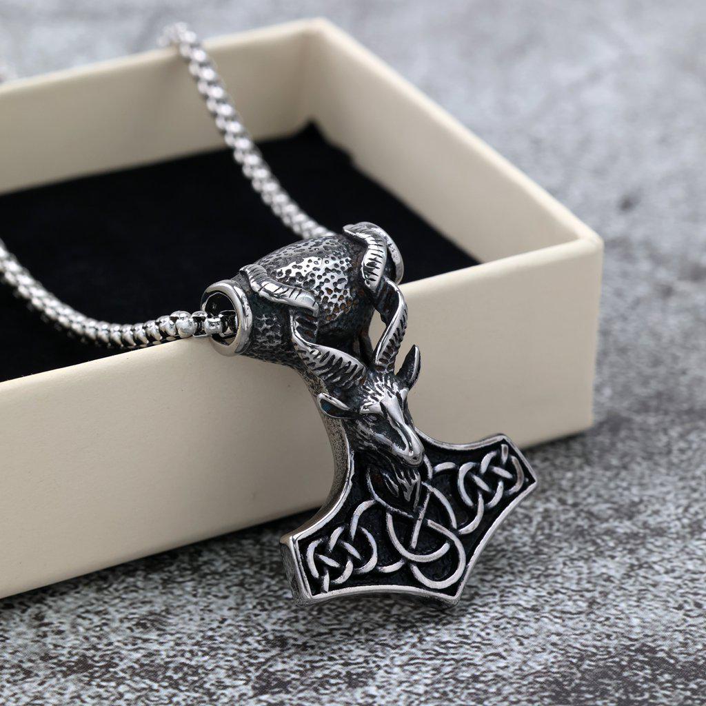 Collar con Colgante Retro de Acero Inoxidable para Hombre Cabeza de Cabra Martillo de Thor