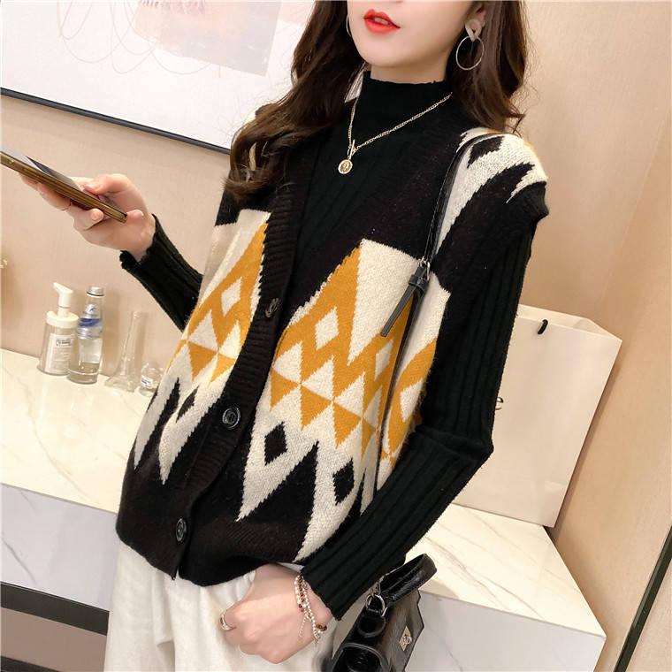 Spring and Autumn Lazy Style All-match V-neck Cardigan Sleeveless Color Matching Loose Sweater Rhombus Wear Vest Knitted Waistcoat Women