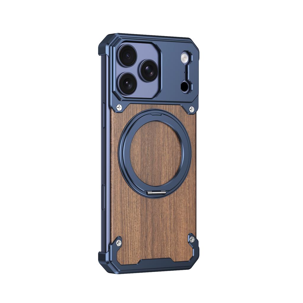 Luxury Metal Alloy Frame Wood Frameless Phone Case For iPhone 17 pro max 16 15 Pro Max Magsafe Magnet 360 Rotating Bracket Cover