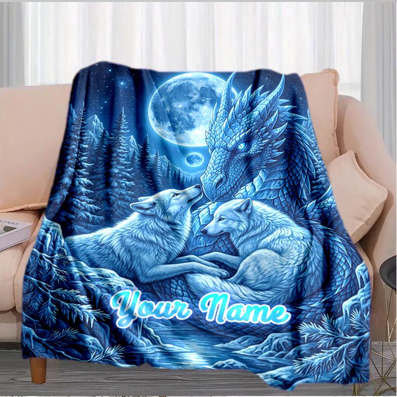 1PC Custom Name "Dragon Wolves Moon" blanket versatile,all-season throw suitable for the living room,bedroom,camping,travel,and gift