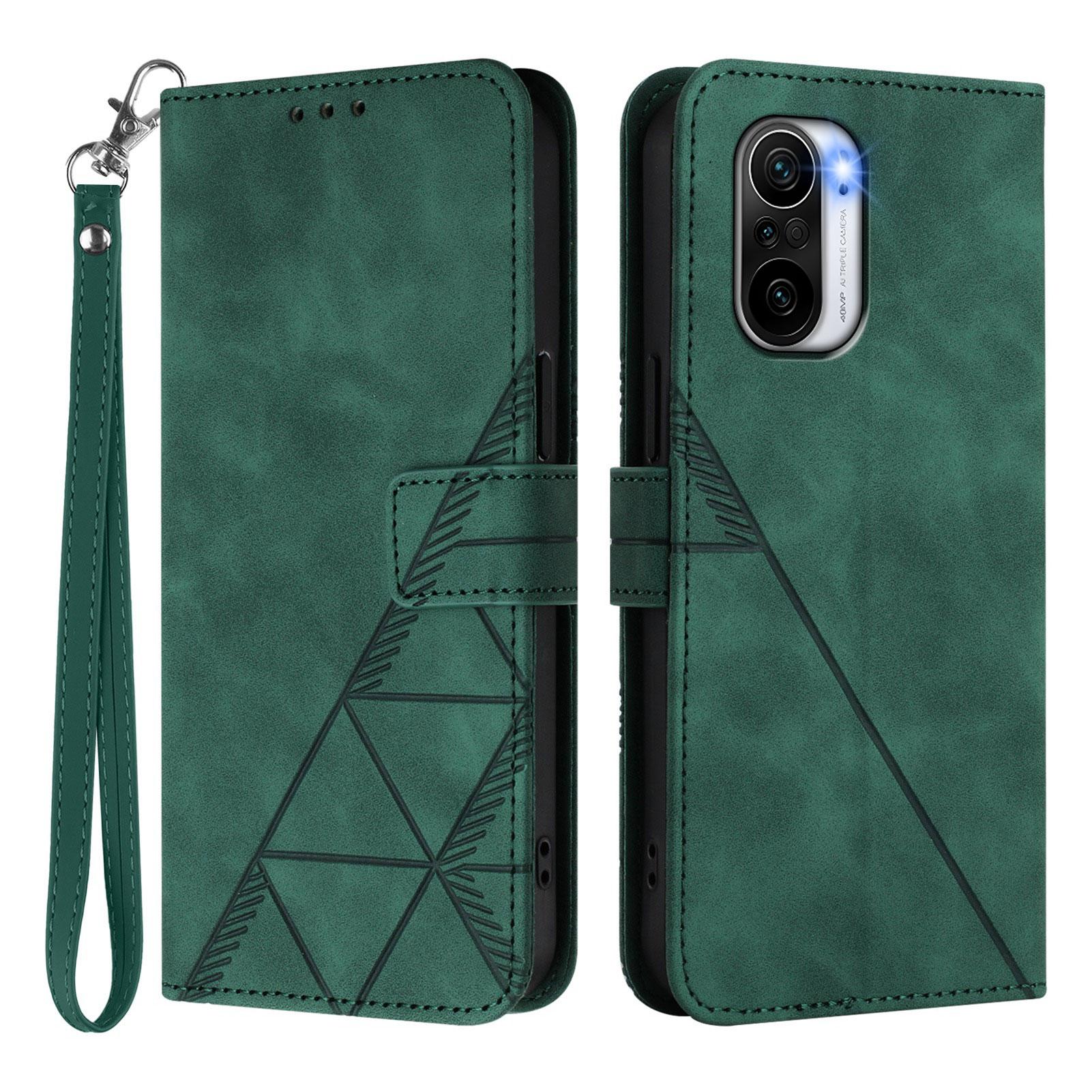 

For Xiaomi Poco F3 Leather Case with Hand Strap Wallet Stand Phone Cover Blackish Green