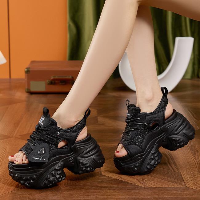 Fashion 9CM Air Mesh Microfiber Leather Ankle Boots Bling High Brand Comfy Booties Fashion Summer Chunky Sneaker Hook Shoes Women