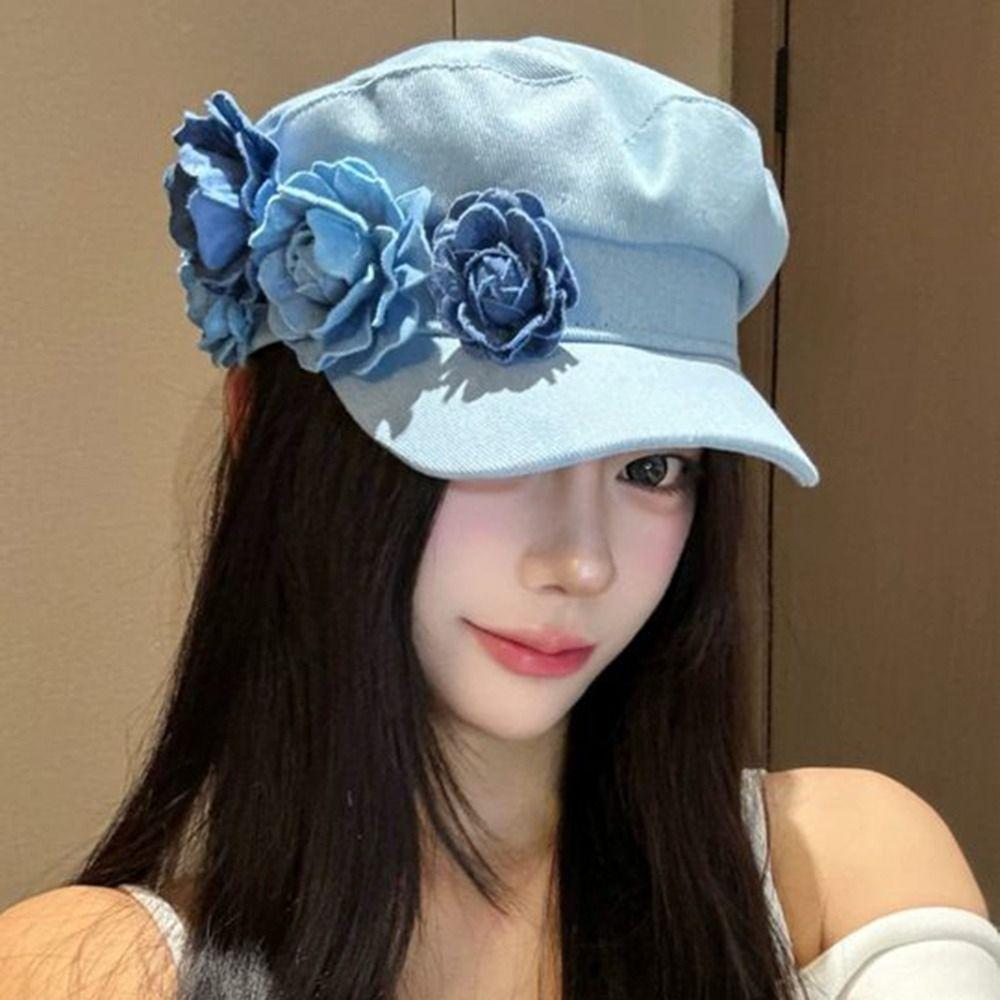 Adjustable Flower Flat Top Hat Artistic Painter Caps Trendy Denim Camellia Beret Hat  Travel
