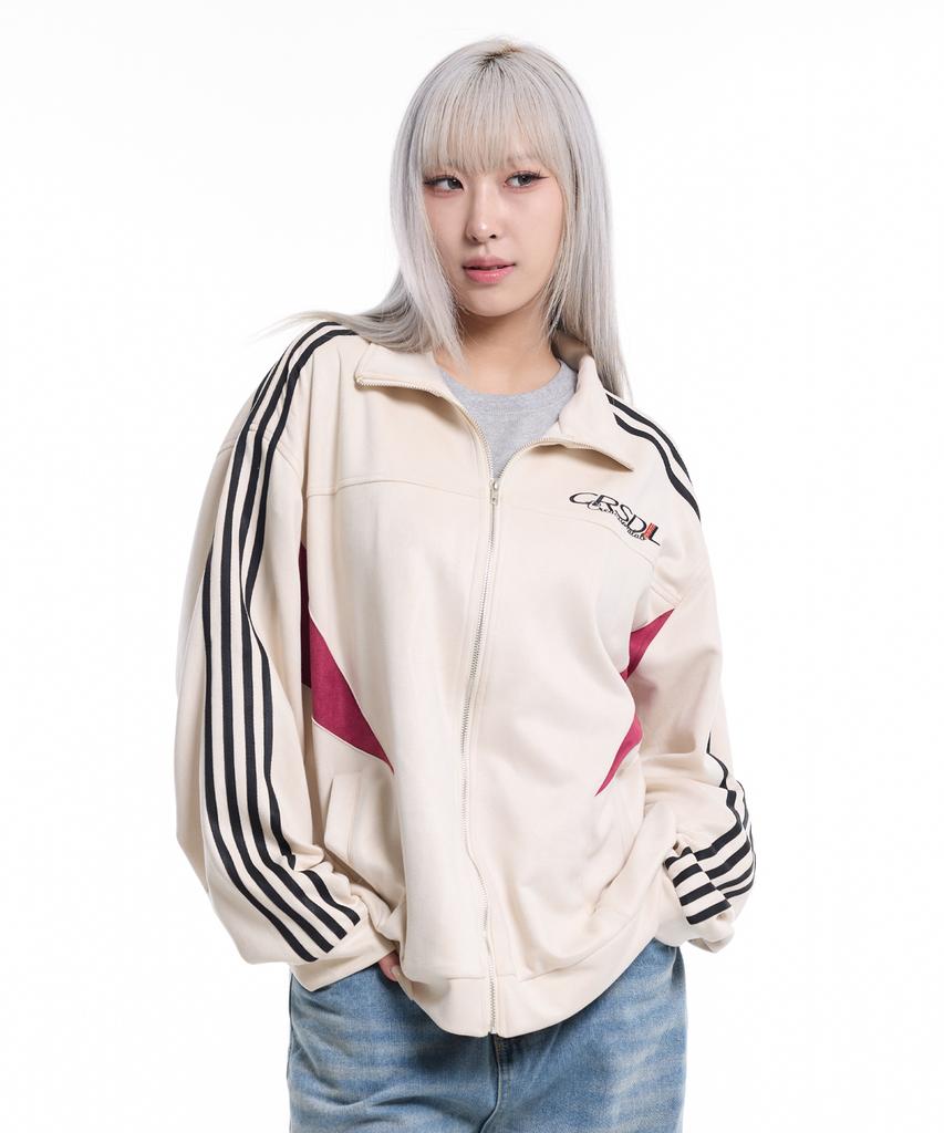 Cream Soda Lab Suede 4-Stripe Track Contrast Zip-Up Ivory