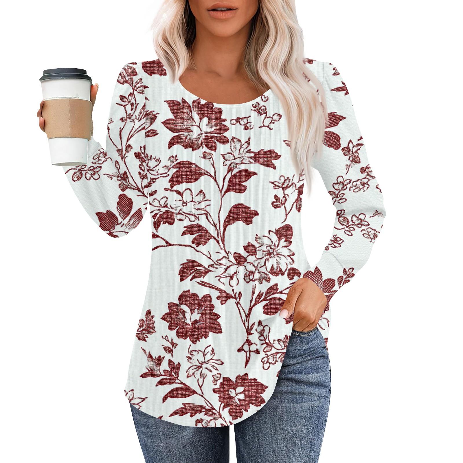 

Women s Fashion Casual Pleated Round Neck Vintage Floral Print Long Sleeve T-Shirt Top M червоний