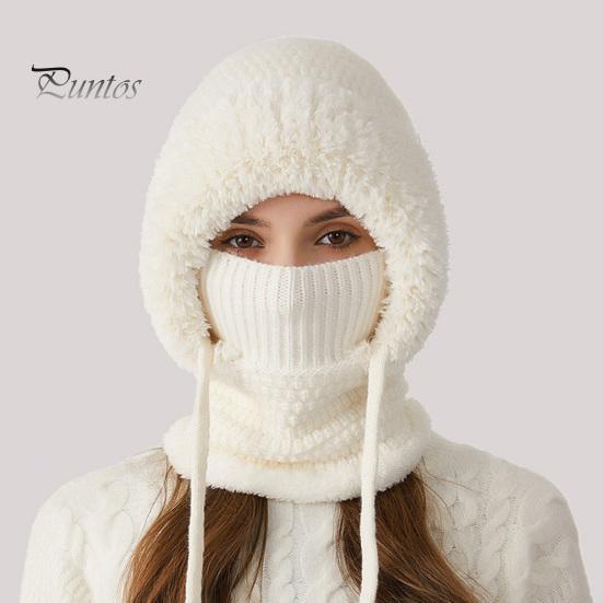 Women Winter Hat with Integrated Scarf Cold-proof Front Cover Thick Knitted Warm Solid Color Full Protection Outdoor Cycling Travel Cold Weather Cap