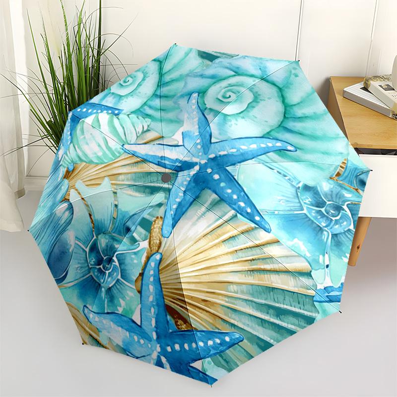 

1pc Oceanic Shells Automatic Opening/Closing Folding Umbrella with 8 Ribs,Windproof Portable Sunshade Umbrella Holiday gift yy260401041