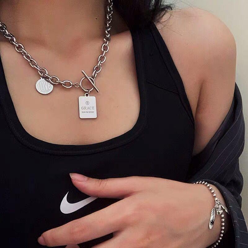 Korean Fashion Letter Necklace INS Retro Metal Silver Pendant Charm Clavicle Chain Women Jewelry Accessories