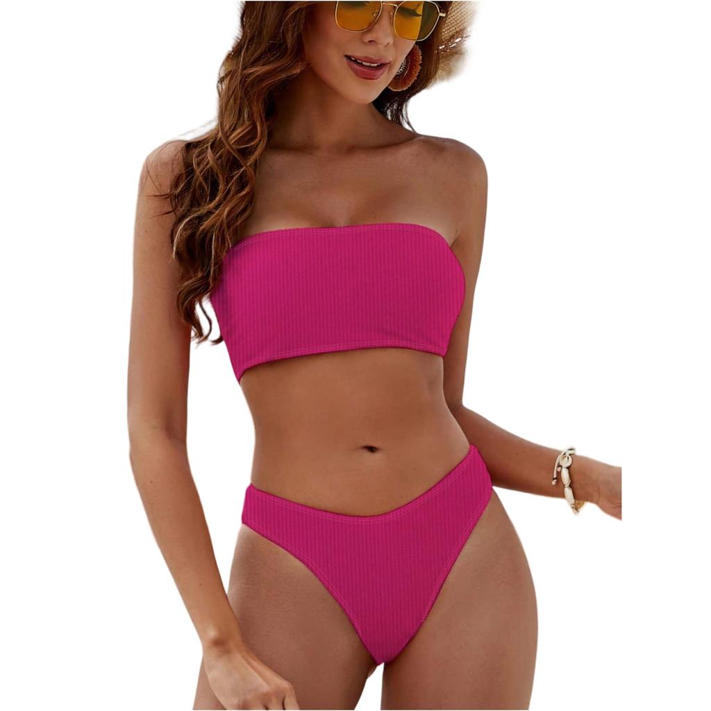 Women's Two Piece Bikini Swimsuit Ribbed Bandeau Top High Cut Bottom Sporty Style Swimwear for Beach Pool