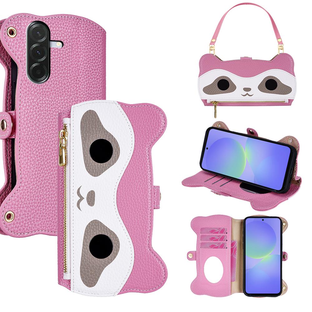 

Чехол для Samsung Galaxy A36 5G с милым дизайном енота, ПУ кожаный чехол для телефона с ремешком на запястье Pink