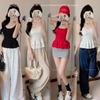 Women's Polka Dot U-Neck Button Strap Tank Top with Subtle Ruffles and Chest Pads - Slim Fit for Spring/Summer